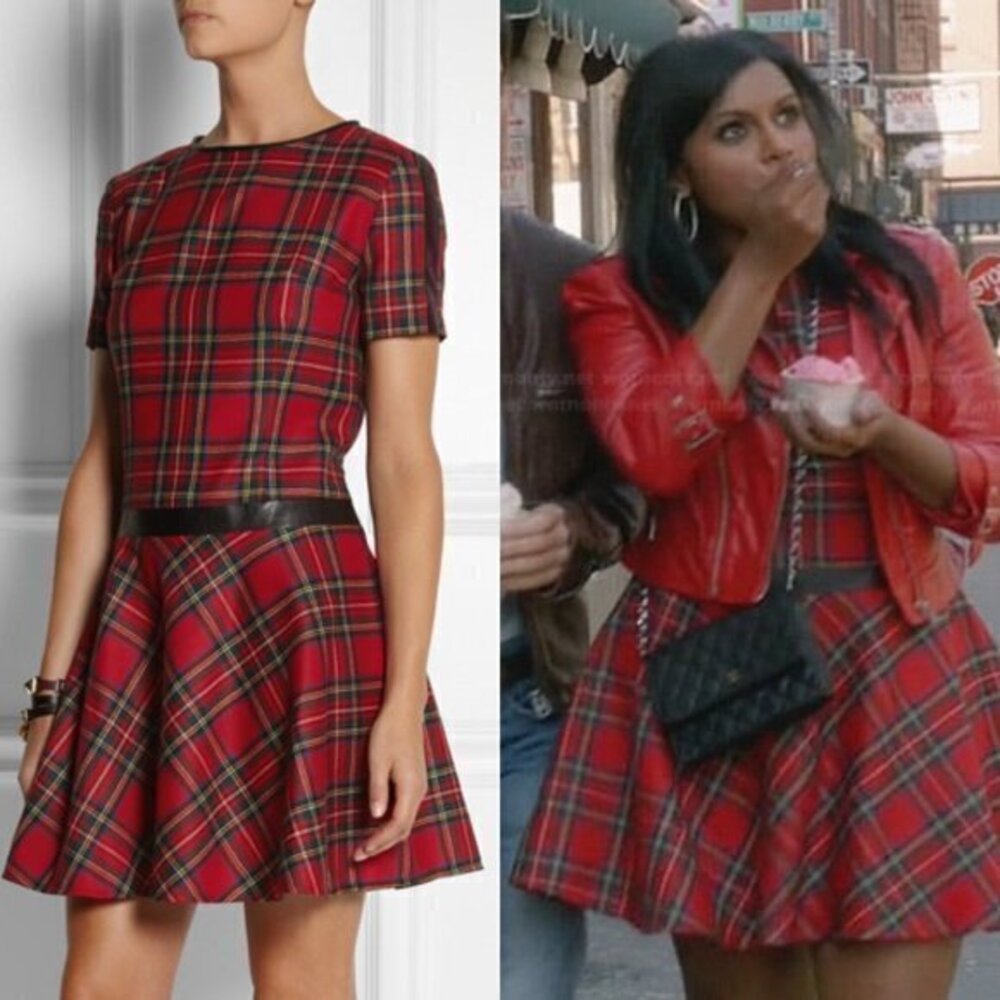 Karl Lagerfeld Penny Faux Leather Trimmed Tartan Wool Dress